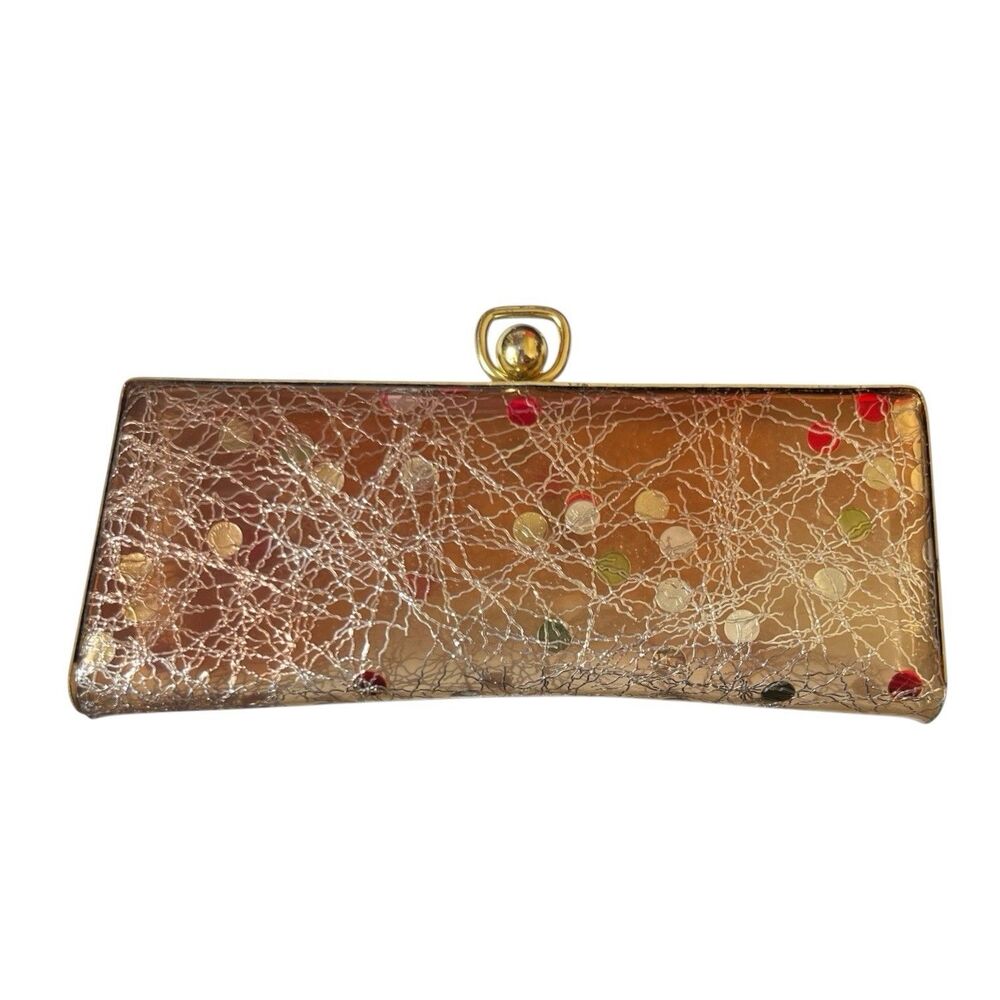 Vintage Hard Plastic Eyeglass Case Metal Snap Closure Gold Thread Dots 6" READ